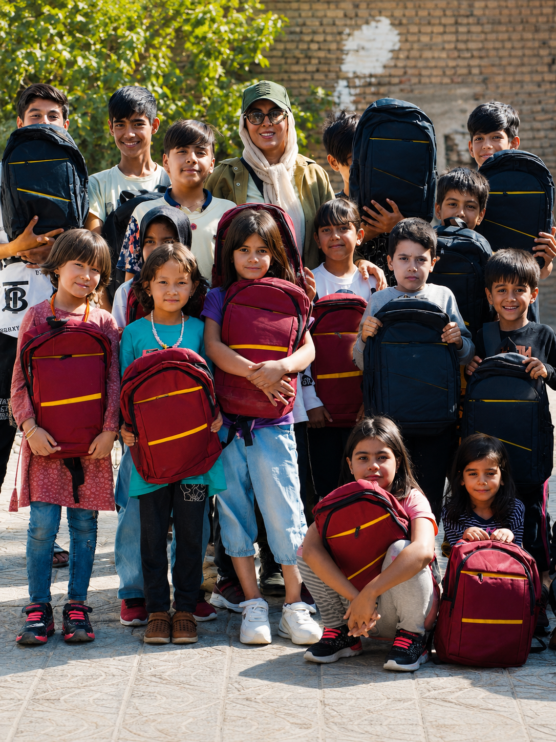 A smiling child with a new backpack holding notebooks and pencils before school